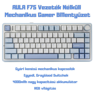 AULA F75 Vezeték Nélküli Mechanikus Gamer Billentyűzet - Kék