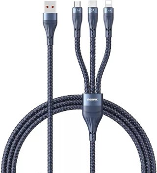 Remax Whirly Series 3 az 1-ben USB-A-Type-C-microUSB-Lightning töltő kábel 66W - 1,2m